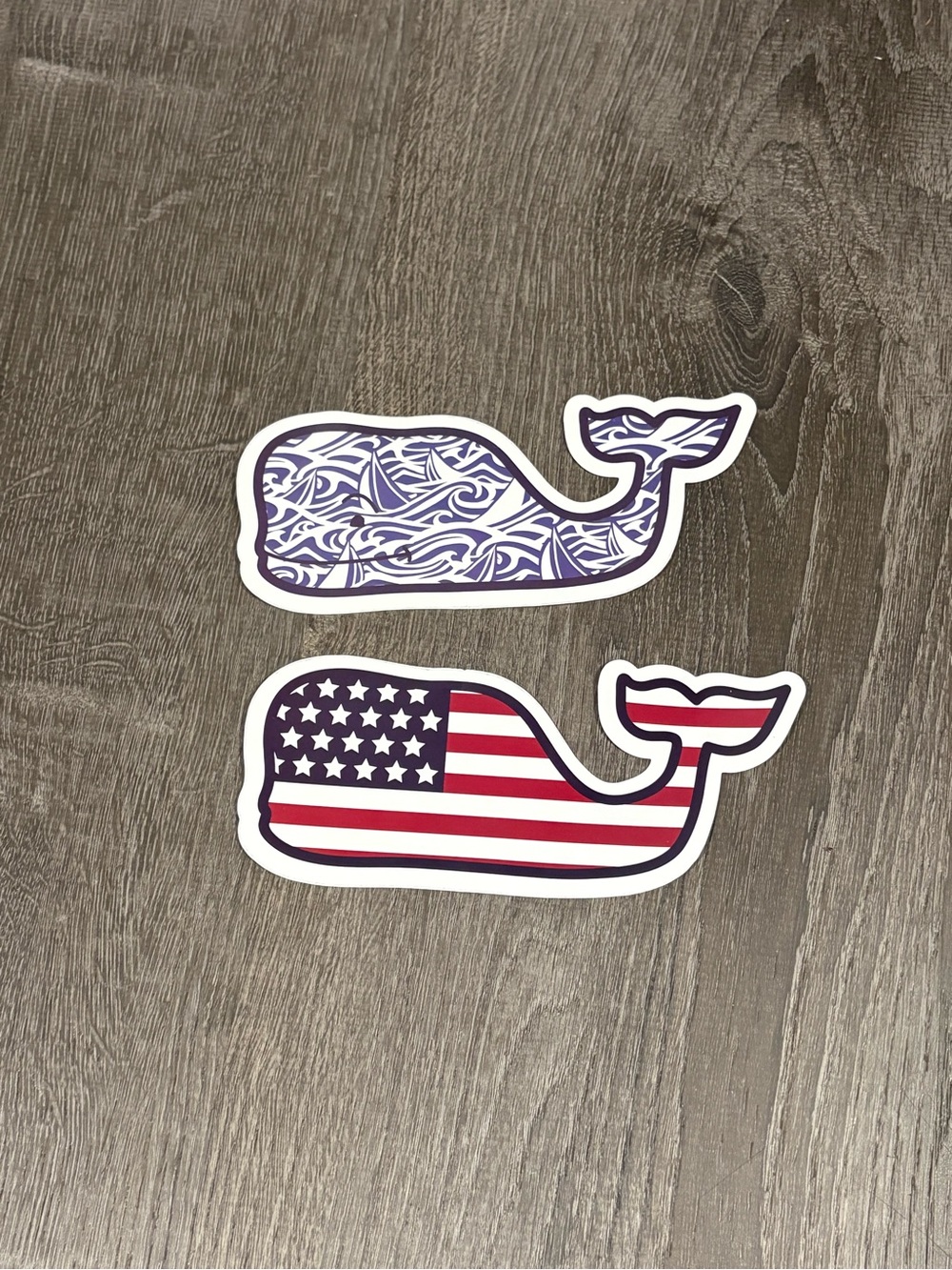(2) NEW Vineyard Vine Whale Sticker Decals (American Flag Whale ; Boat Whale)